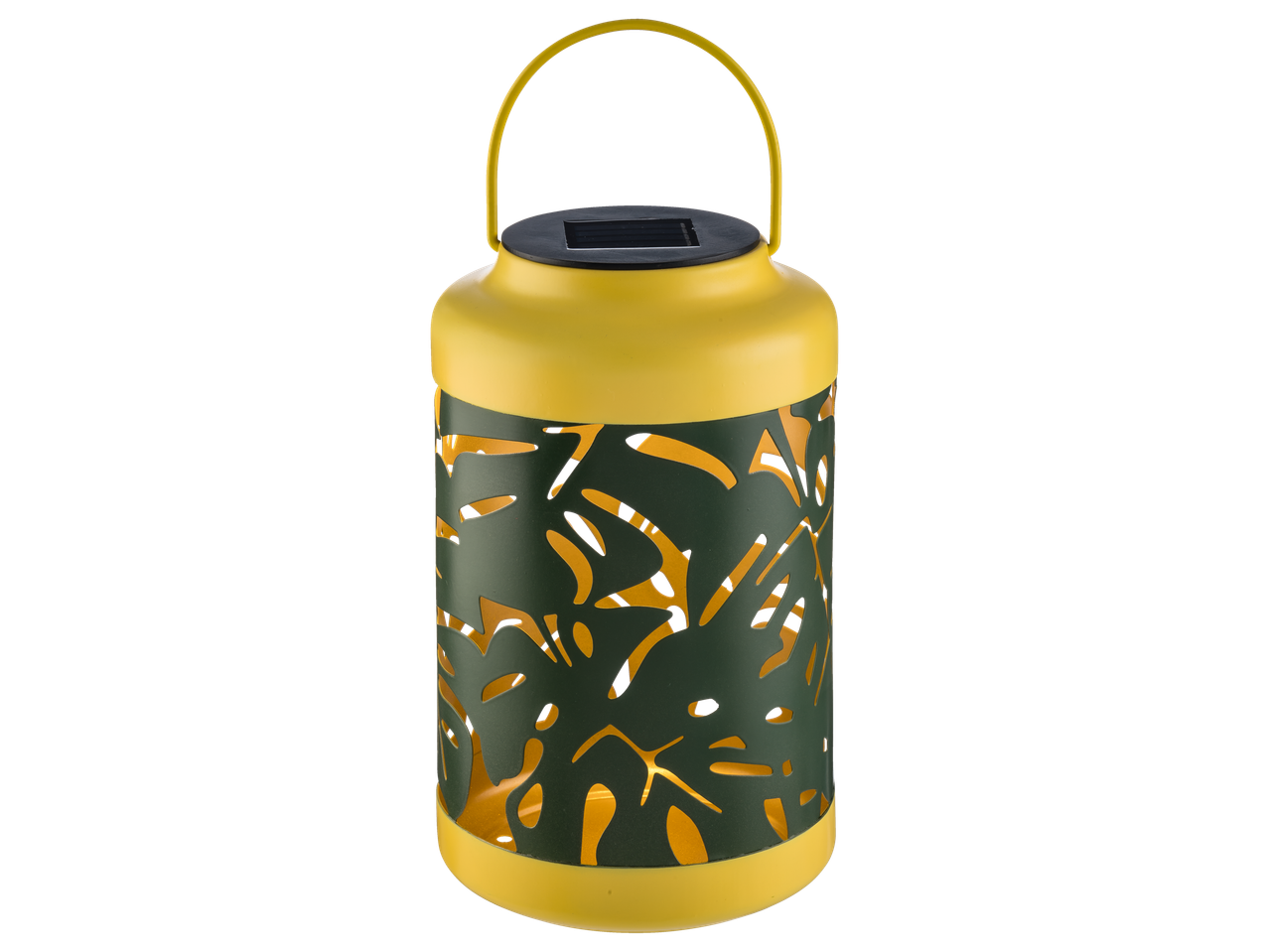 Gelbe Solarlaterne mit tropischem Blattmotiv.