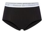 Black women's high-waisted briefs with a white elastic waistband featuring a repeating logo.