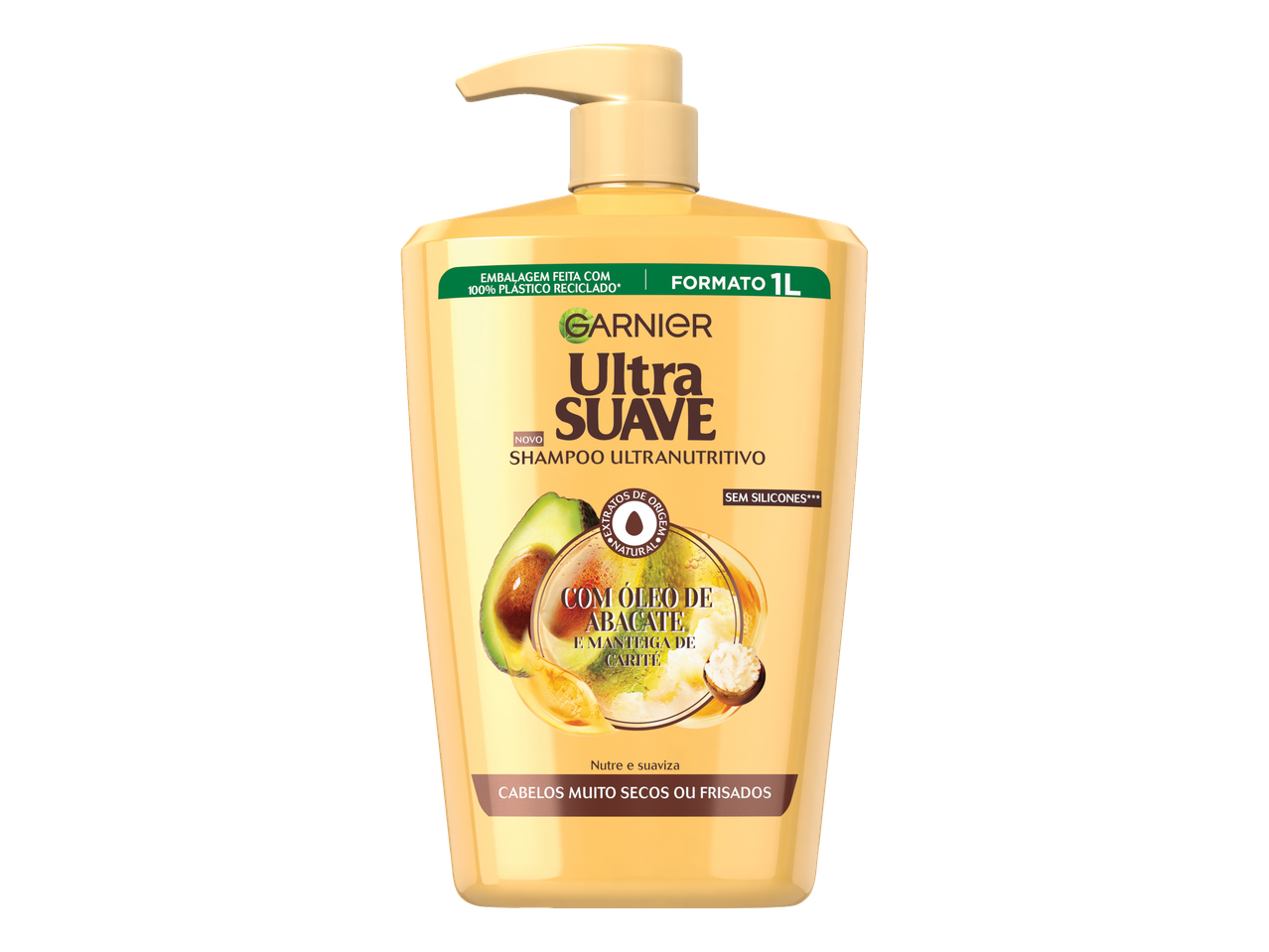 Shampoo Garnier Ultra Suave Ultranutritivo (1L) com óleo de abacate e manteiga de karité para cabelos secos ou frisados.