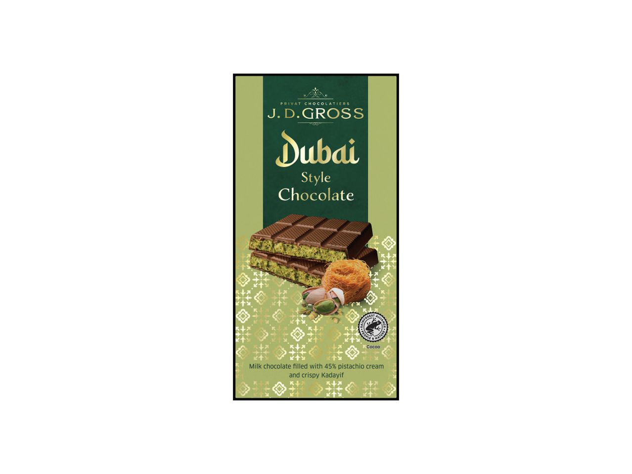 Čokolada J.D. Gross Dubai Style: mlečna čokolada sa 45% pistacija kremom i hrskavim kadajifom.
