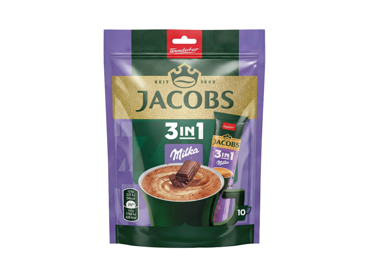 Ljubičasto pakovanje instant kafe sa ukusom čokolade, sa šoljom kafe i čokoladom.