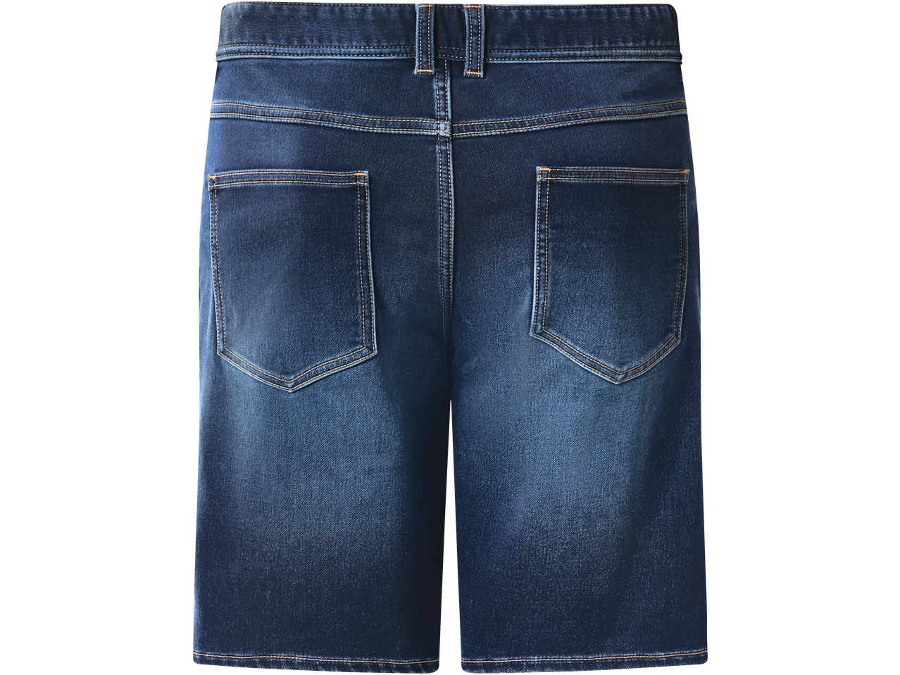 Bermude jeans albastre închise pentru bărbați, vedere din spate cu buzunare