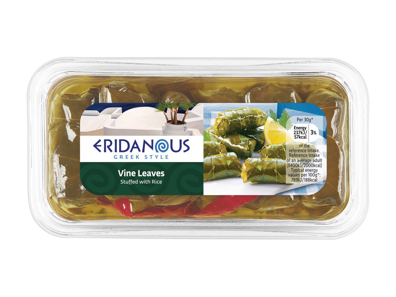 Eridanus Fine Foods Greek Lemon Dolmades in a plastic container.