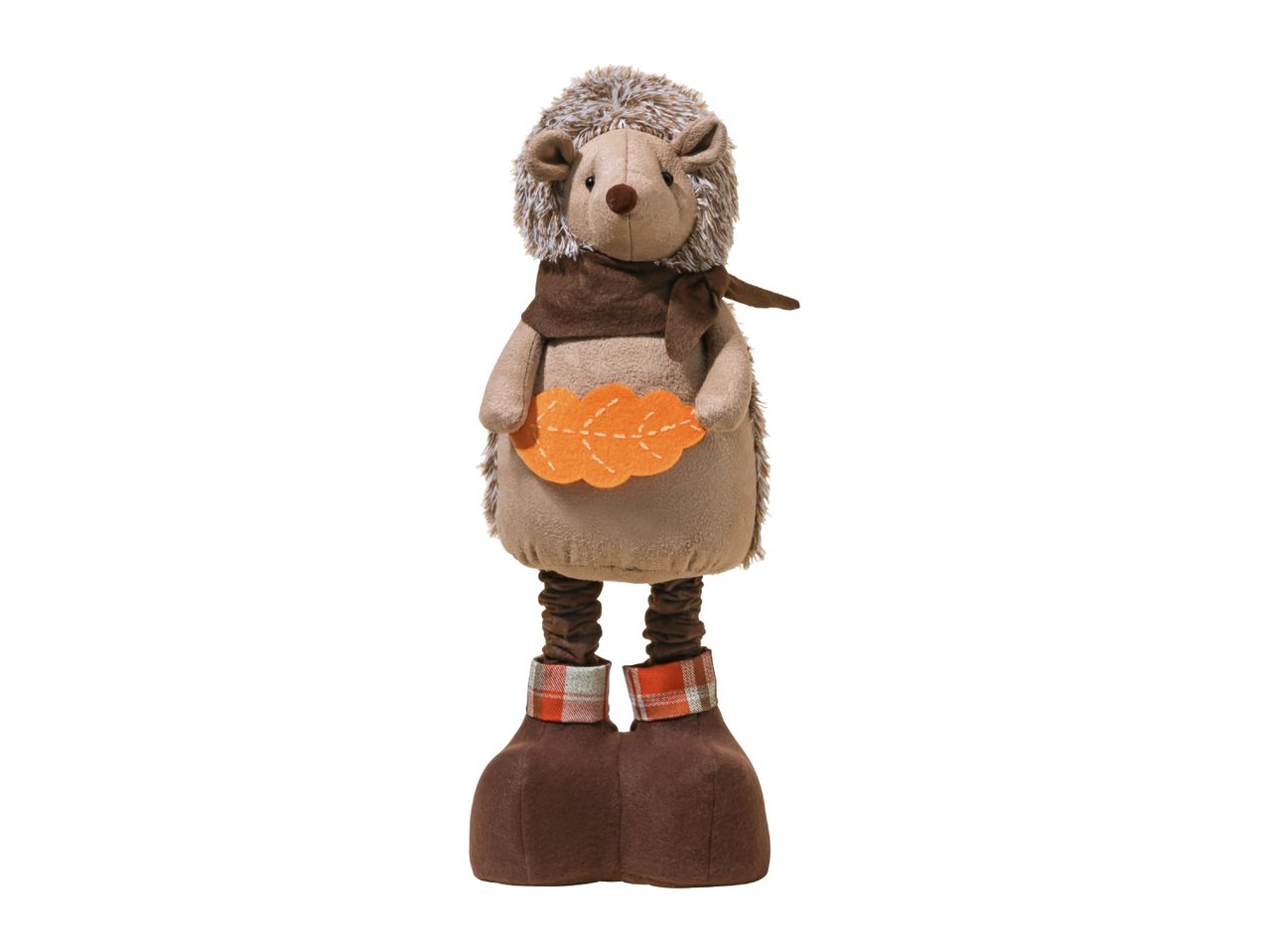 Autumnal hedgehog plush toy with a brown scarf, holding an orange leaf, and wearing plaid boots.