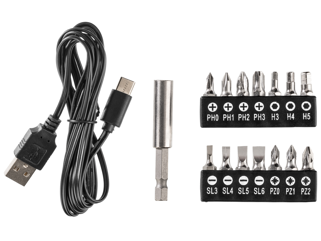 Комплект битове за отвертка с USB кабел и магнитен държач, включващ PH, H, SL и PZ размери.