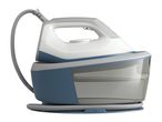 White and blue steam generator iron with a visible water tank and grey hose.