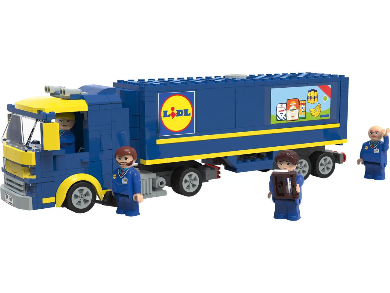 Lidl vaikų konstravimo rinkinys: mėlynas sunkvežimis su Lidl logotipu ir trimis figūrėlėmis.