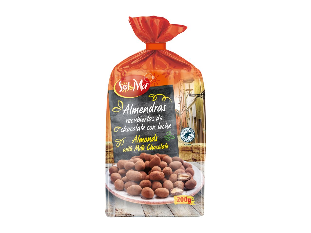 Bag of milk chocolate-covered almonds with a street scene background, 200g.