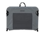 Foldable pet carrier in grey with a mesh window and a black handle.