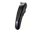 Black hair and beard trimmer with a digital display showing battery percentage and icons.