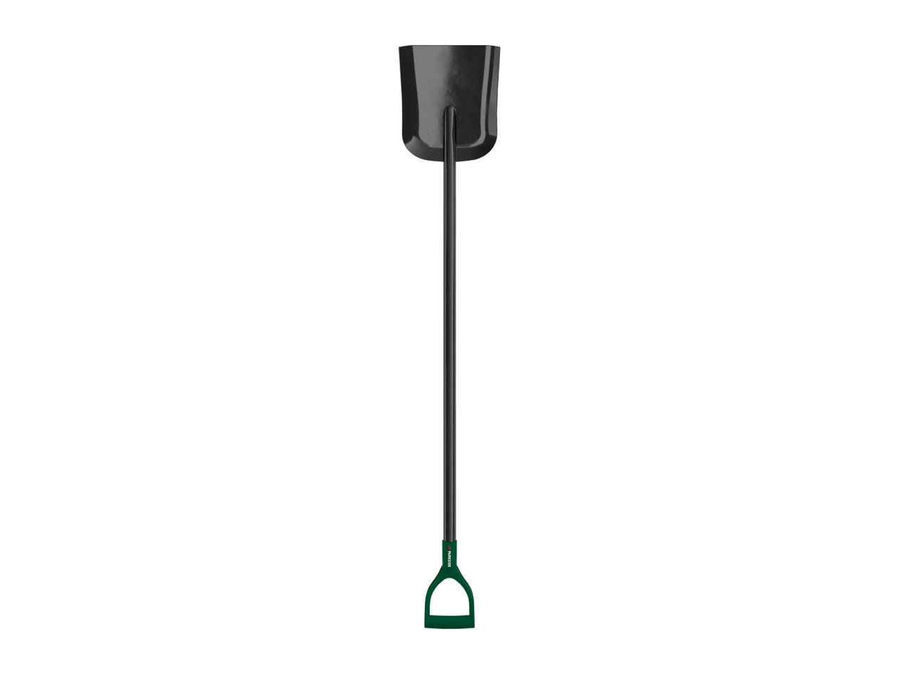 Black and green garden shovel with a D-handle