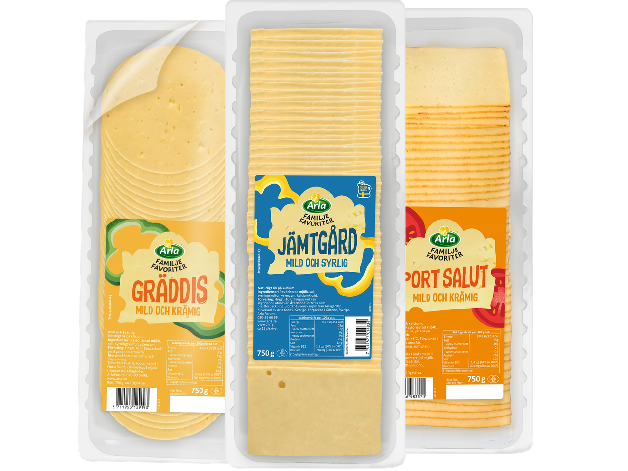 Tre förpackningar med skivad ost: en med runda skivor, en med rektangulära skivor och en med rektangulära skivor med röd kant.