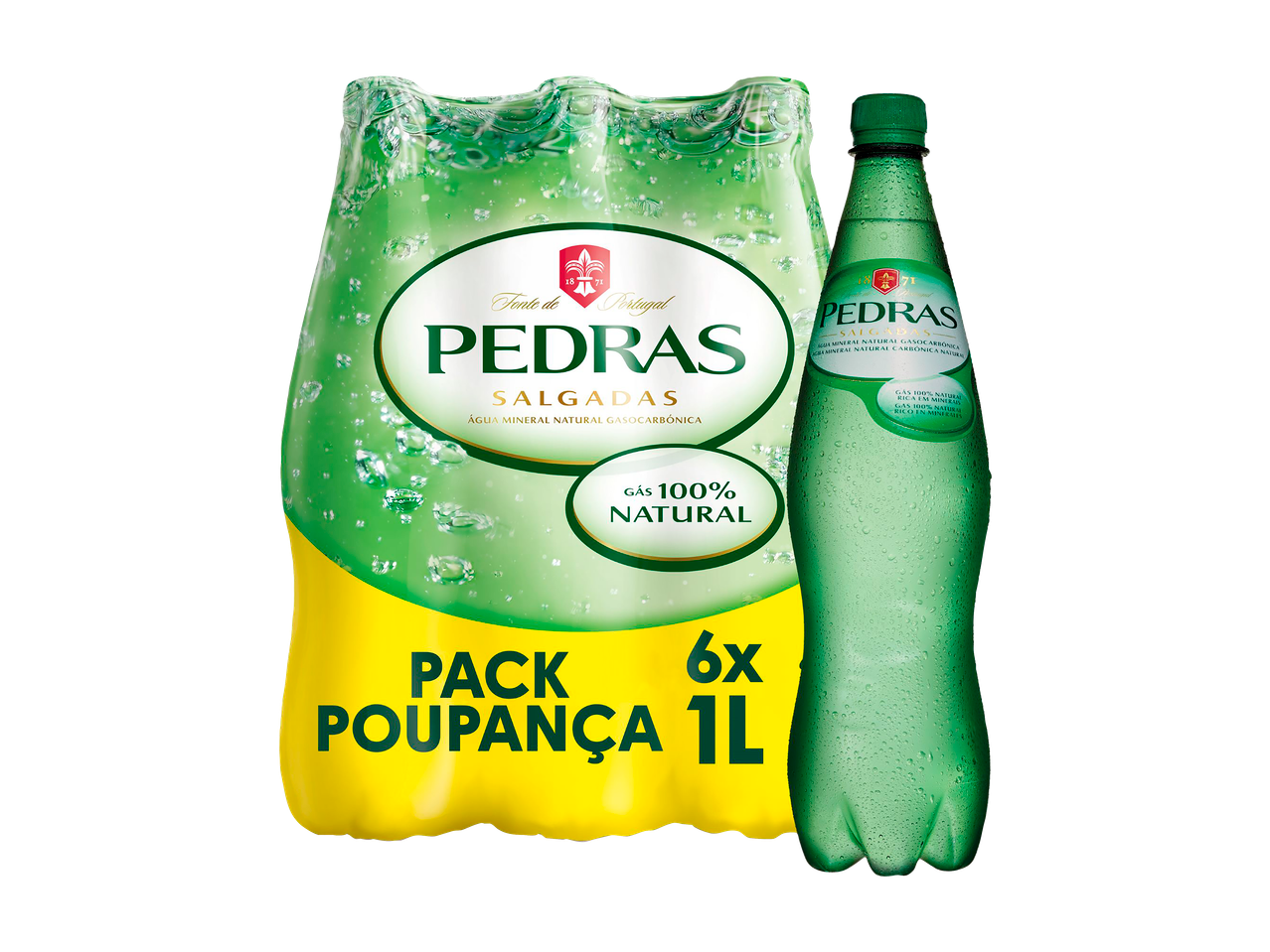 Pack de 6 garrafas de 1L de Água das Pedras Salgadas, água mineral natural gasocarbónica.