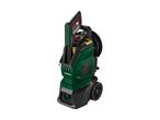 Green and black pressure washer with wheels and a hose reel.