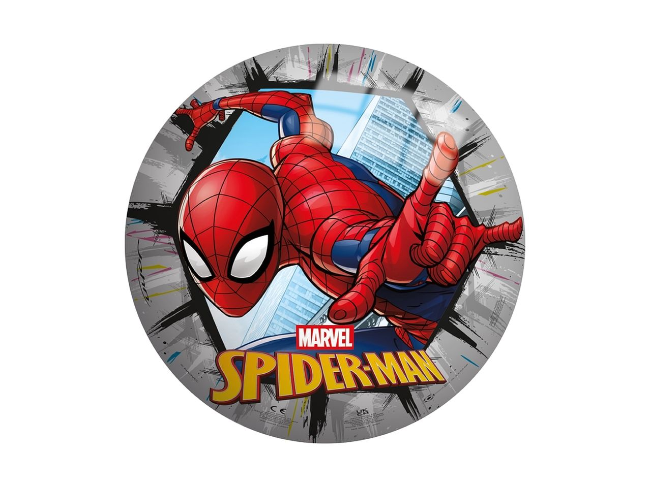 Rund tallerken med Spiderman i aktion foran en bygning, med logoet 'Spider-Man'.