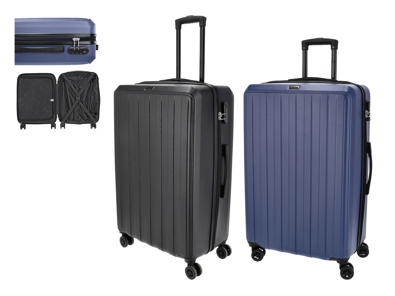 Zwei Hartschalenkoffer in Schwarz und Blau, mit Details zu Schloss und Innenleben.