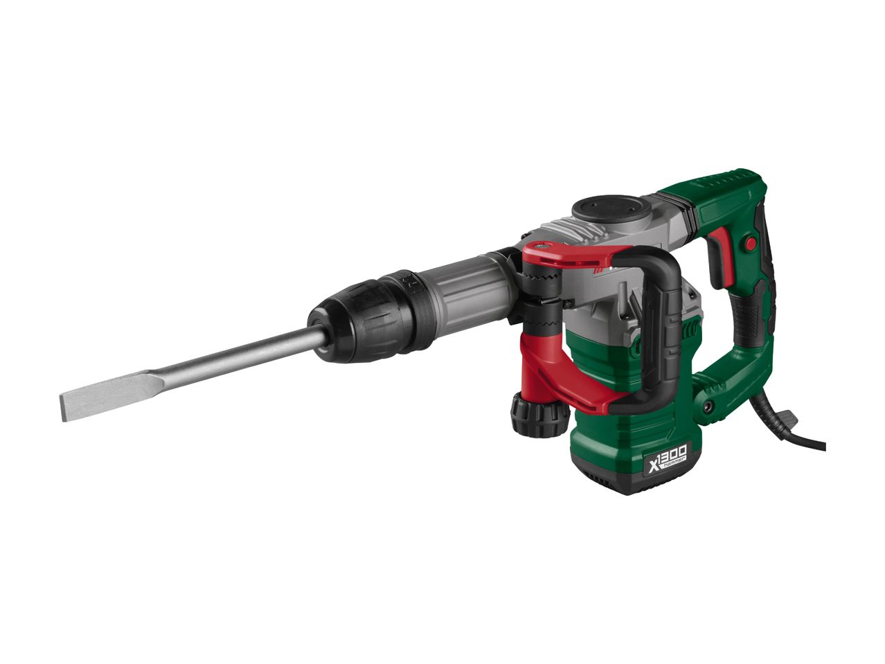 Green and grey demolition hammer with a chisel attachment
