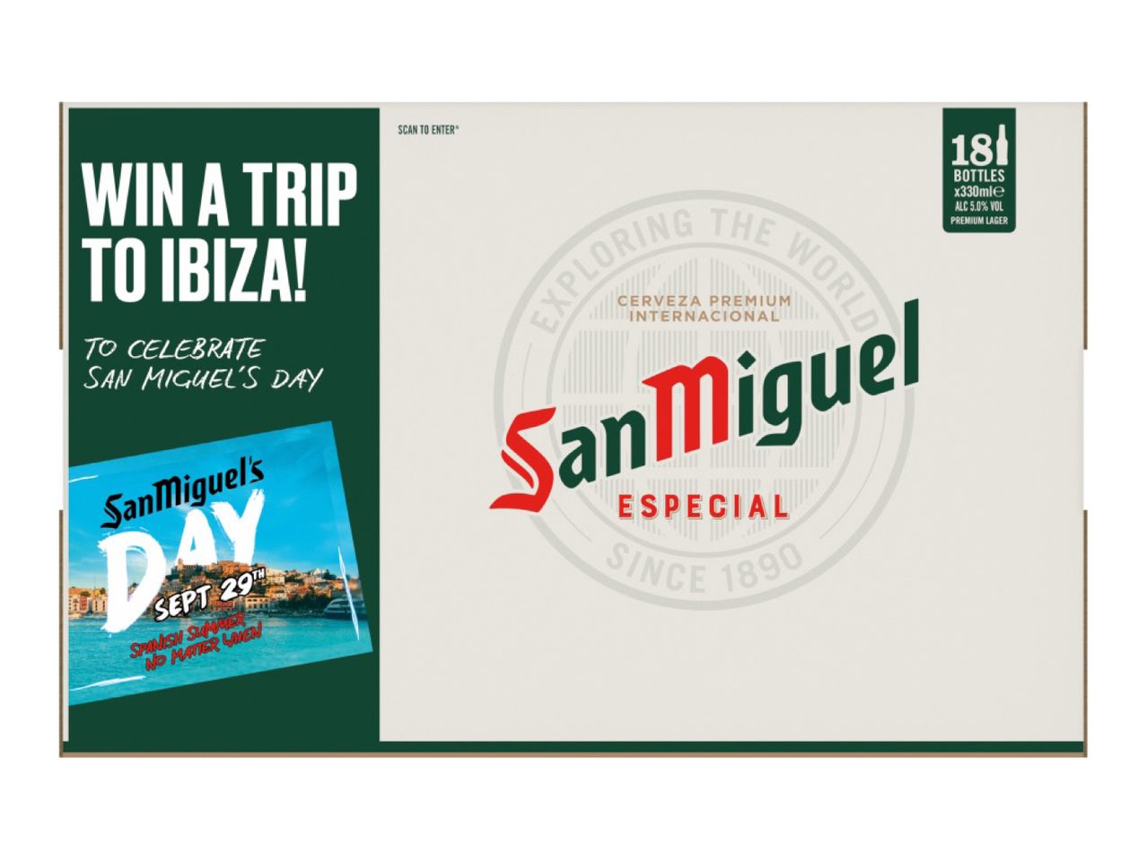 San Miguel beer packaging promoting a trip to Ibiza for San Miguel's Day.