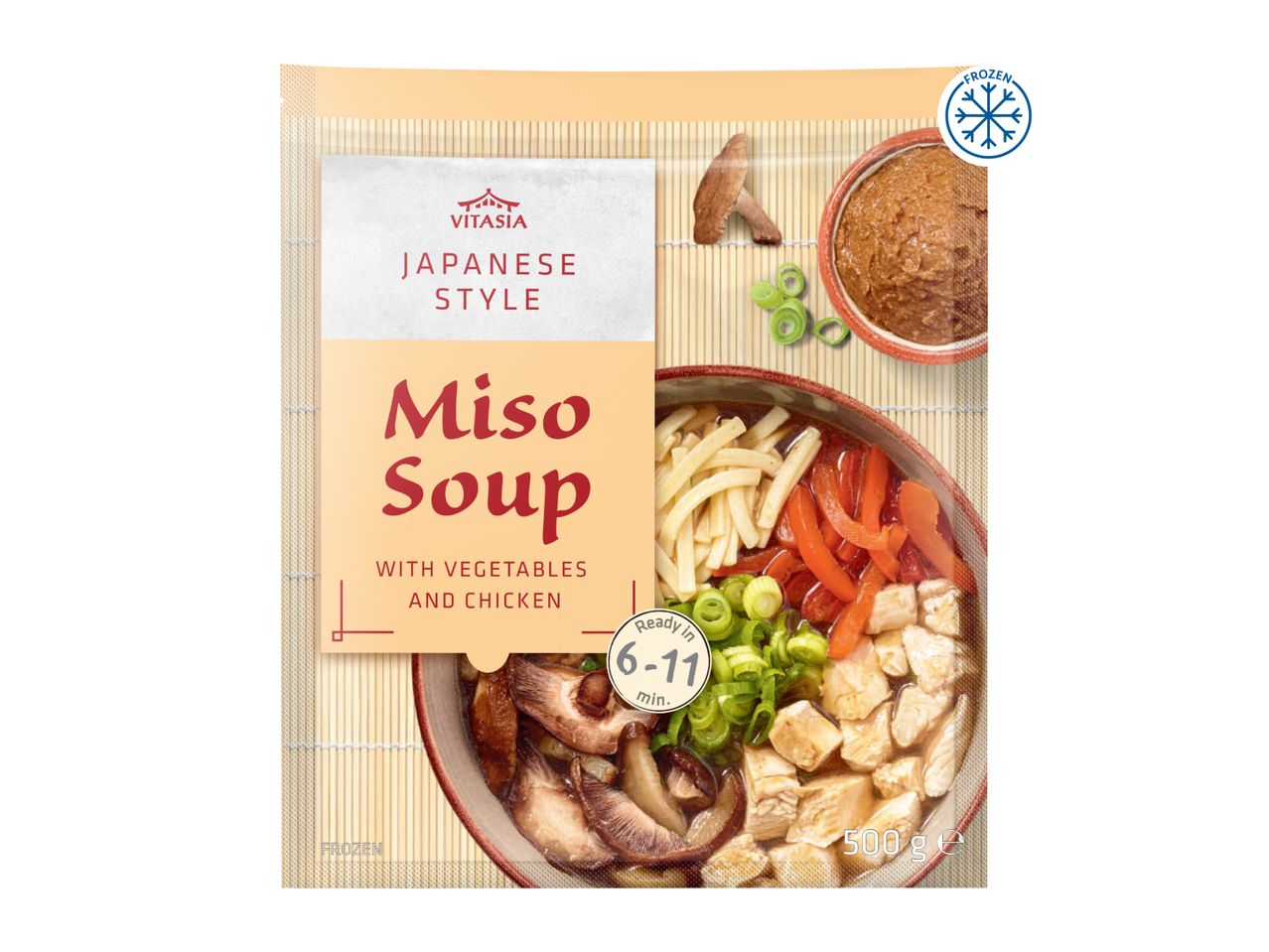 Frozen Japanese-style miso soup with vegetables and chicken, ready in 6-11 minutes.