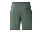 Back view of dark green men's sweat shorts with an elastic waistband and a back pocket.