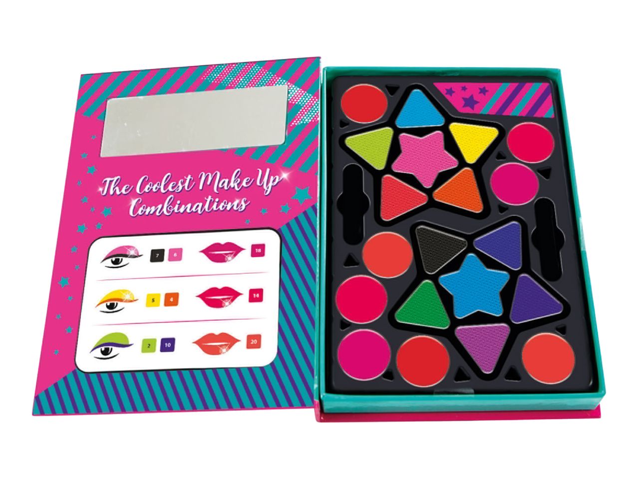 A colorful book-shaped makeup kit with various eyeshadows and lipsticks.