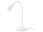 Lampada da tavolo bianca con collo d'oca flessibile e base rotonda.