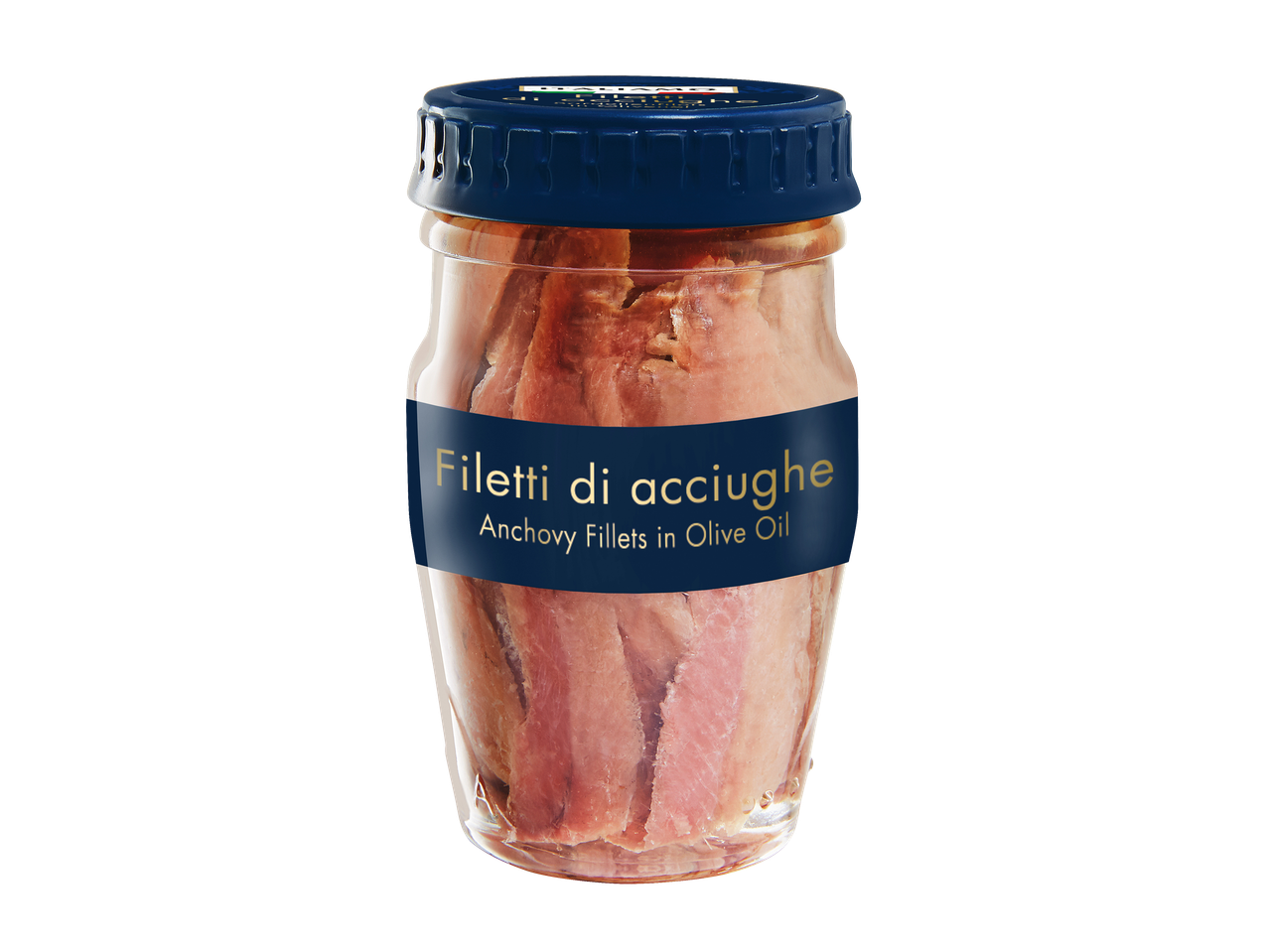 Bocal de filets d'anchois à l'huile d'olive avec une étiquette bleue.