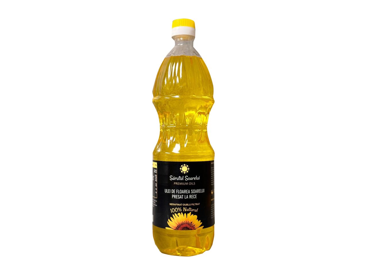Sticlă de ulei de floarea soarelui Sărutul Soarelui, presat la rece, 100% natural.