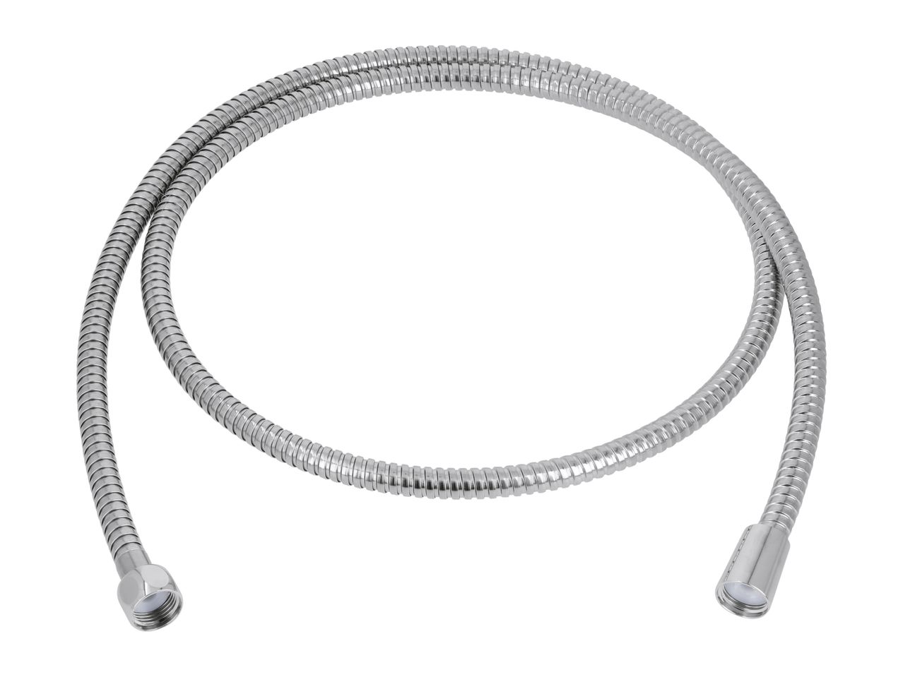 Silver flexible shower hose with two threaded connectors on a white background