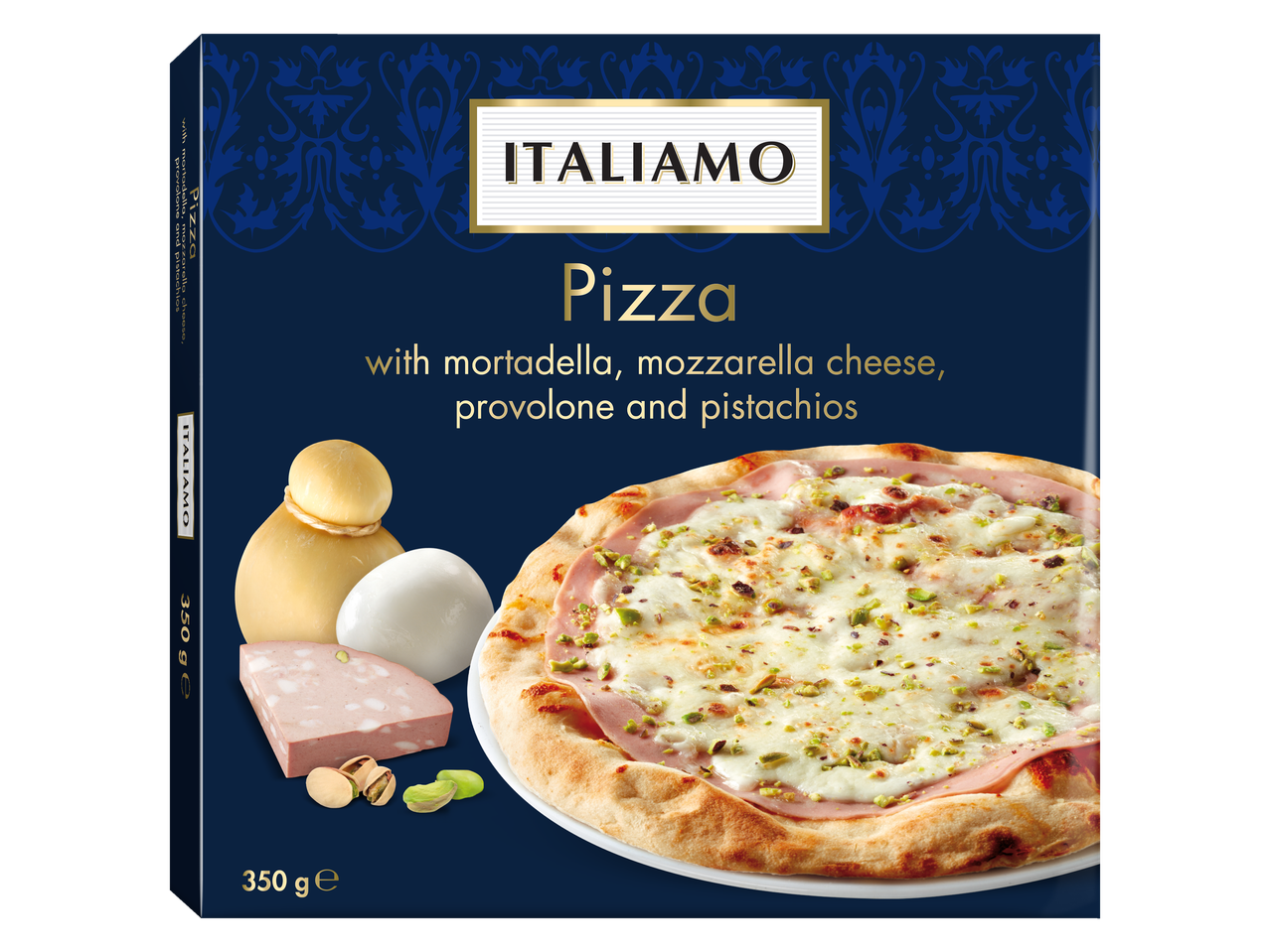 Pizza Italiamo com mortadela, mozzarella, provolone e pistácios.