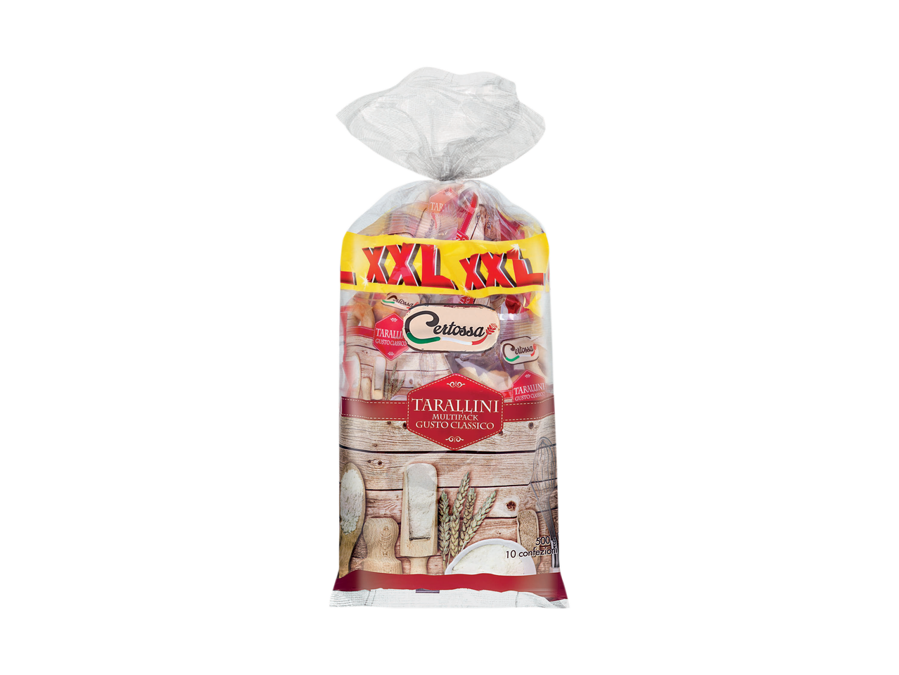 A bag of Certossa Tarallini multipack, classic flavor, with 10 individual packs.