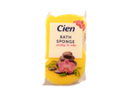 Un burete de baie galben Cien, ambalat și gata de utilizare, are un design cu tematică spa.