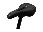Black bicycle saddle with memory foam and AVESYSTEM technology, mounted on a seat post.