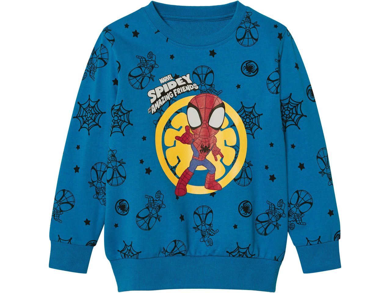 Blue Marvel Spidey and His Amazing Friends sweatshirt with Spider-Man graphic.