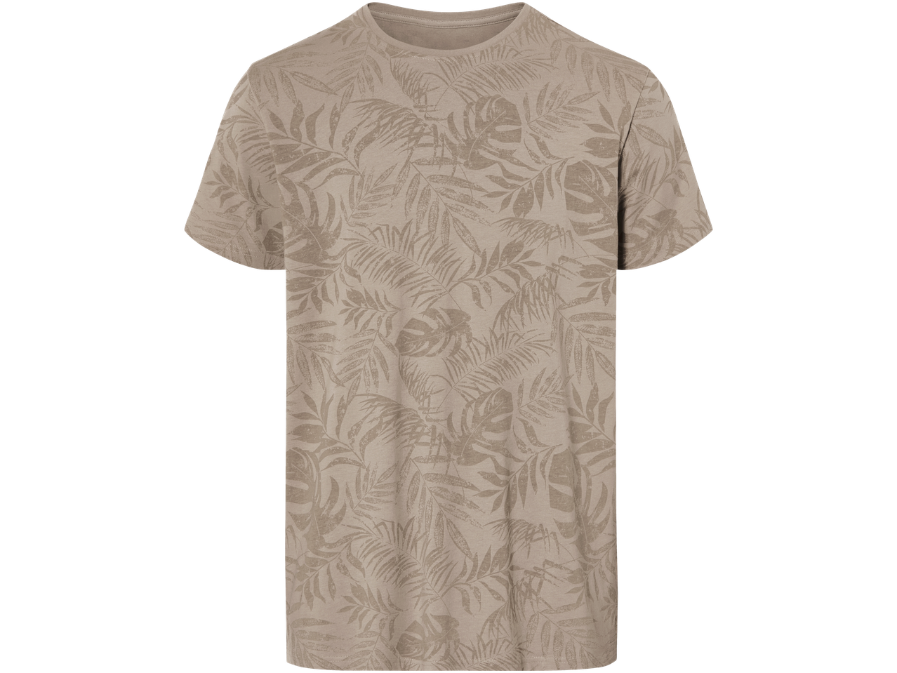 Beige t-särk troopiliste lehtedega mustriga.