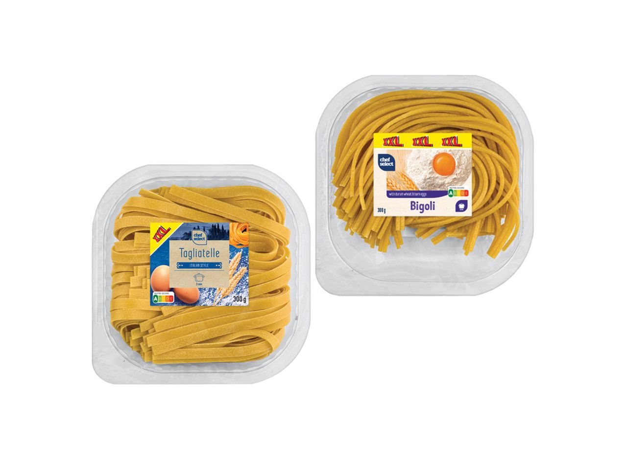 Dva pakovanja sveže testenine, tagliatelle i bigoli, sa etiketama Chef Select.