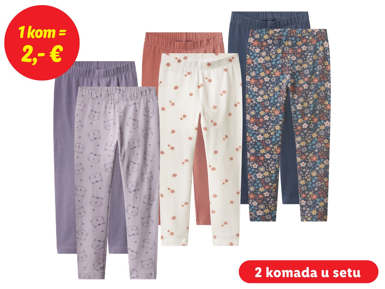 Šest pari dječjih tajica u različitim bojama i uzorcima, s cijenom i informacijama o setu.