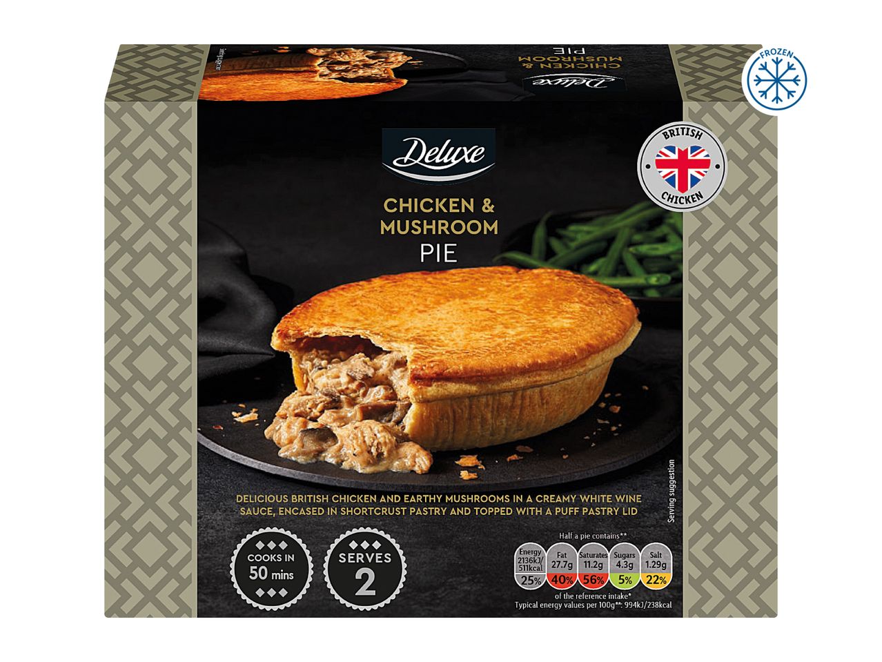 Deluxe Chicken & Mushroom Pie in packaging, with nutritional information.