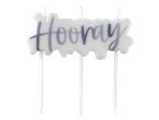Three white candles with the text 'Hooray'.