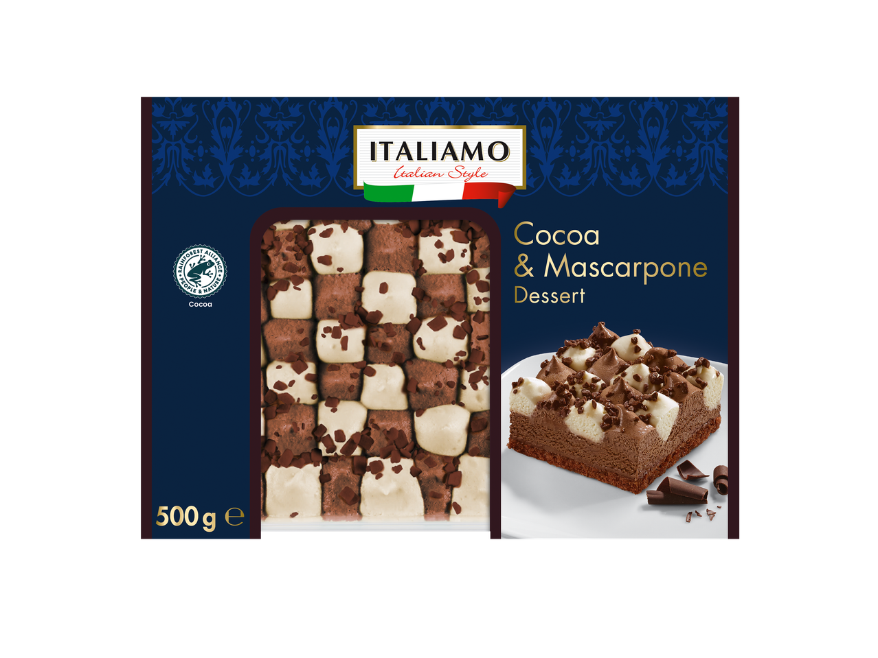 Italiamo Cocoa & Mascarpone Dessert, 500g, with Rainforest Alliance cocoa.
