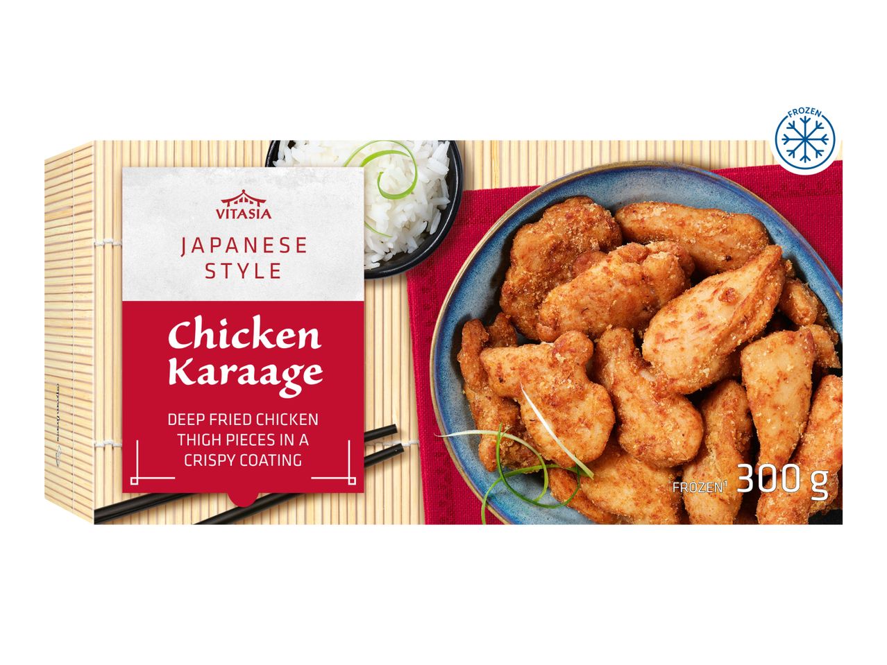 Japanese style chicken karaage, deep-fried chicken thigh pieces in a crispy coating, 300g, frozen.