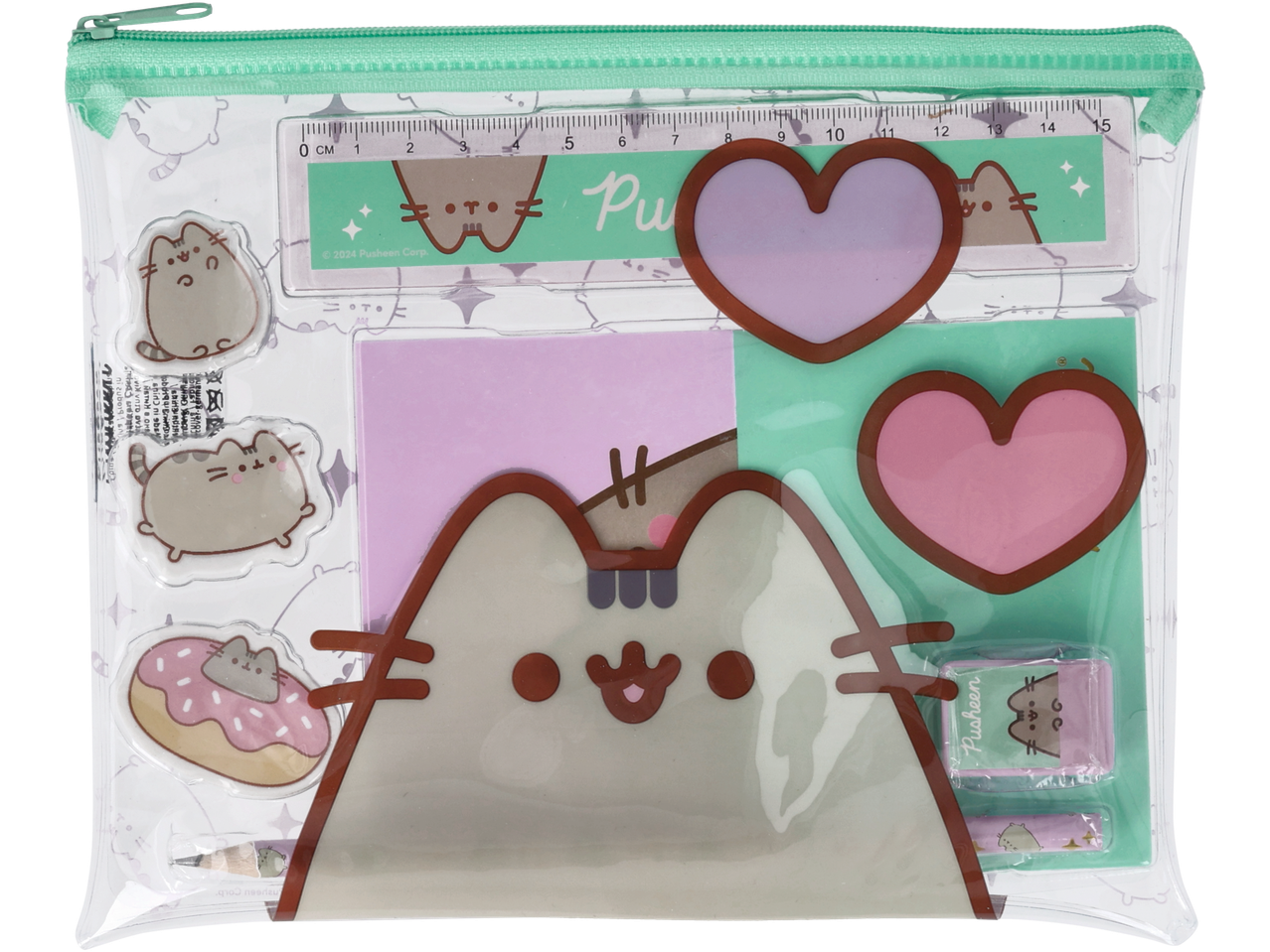 Pusheen školski pribor: lenjir, gumica, sveska.