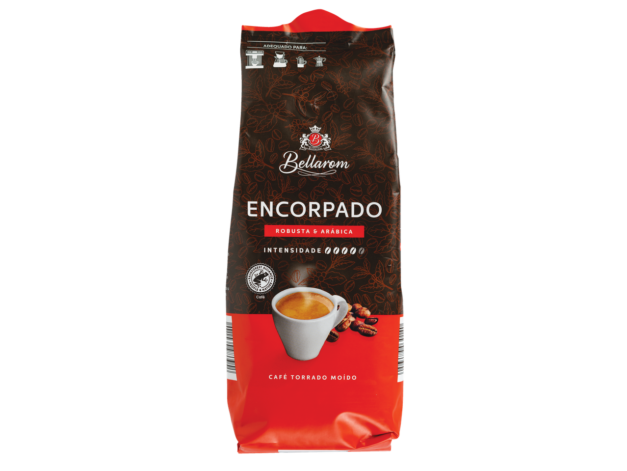 Café torrado moído Bellarom Encorpado em embalagem marrom escura e vermelha.