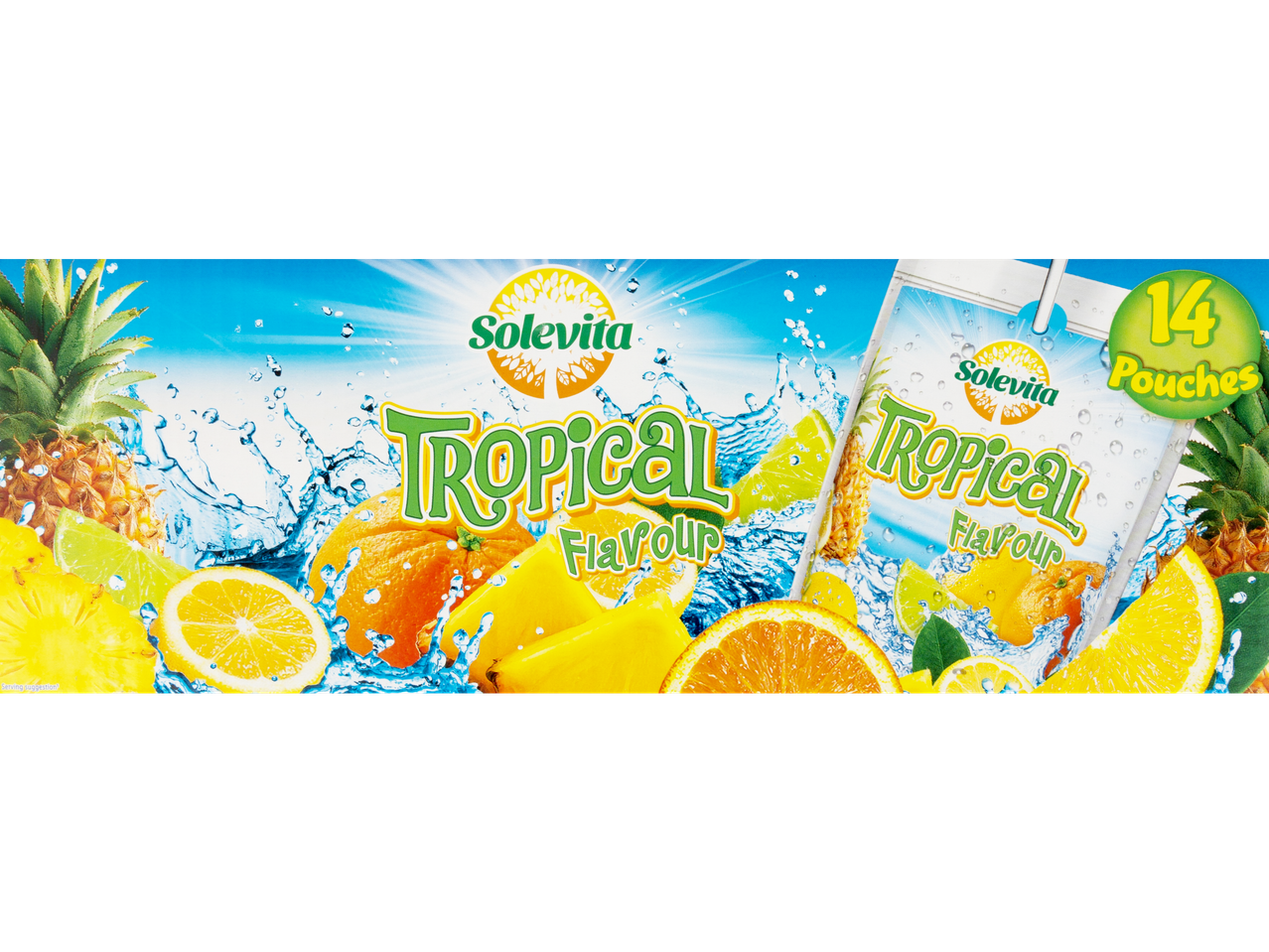 Solevita Tropical Flavour juice pouches with various fruits and water splashes.