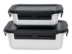 Two stacked stainless steel food containers with black lids and clasps.
