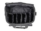 Open gray tool bag with multiple internal compartments and a zipper closure.