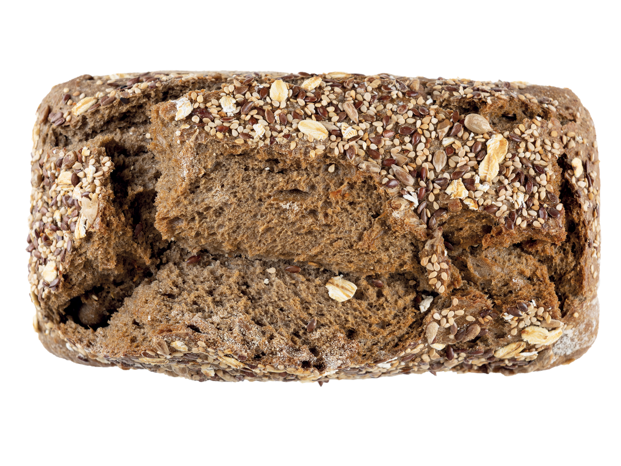 Pão integral com sementes, partido.