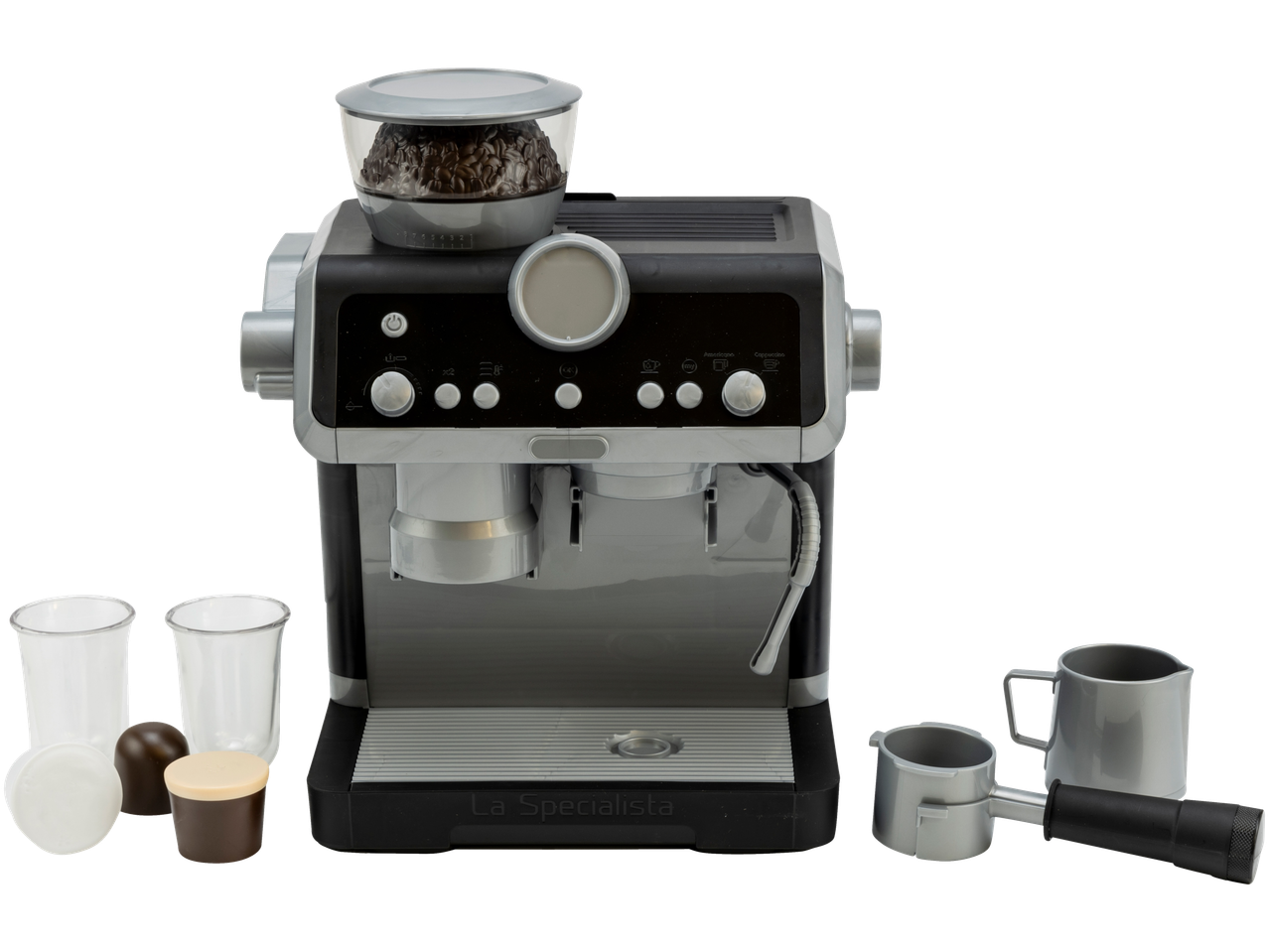 Casdon žaislinis kavos aparatas su pupelių talpykla, puodeliais ir priedais