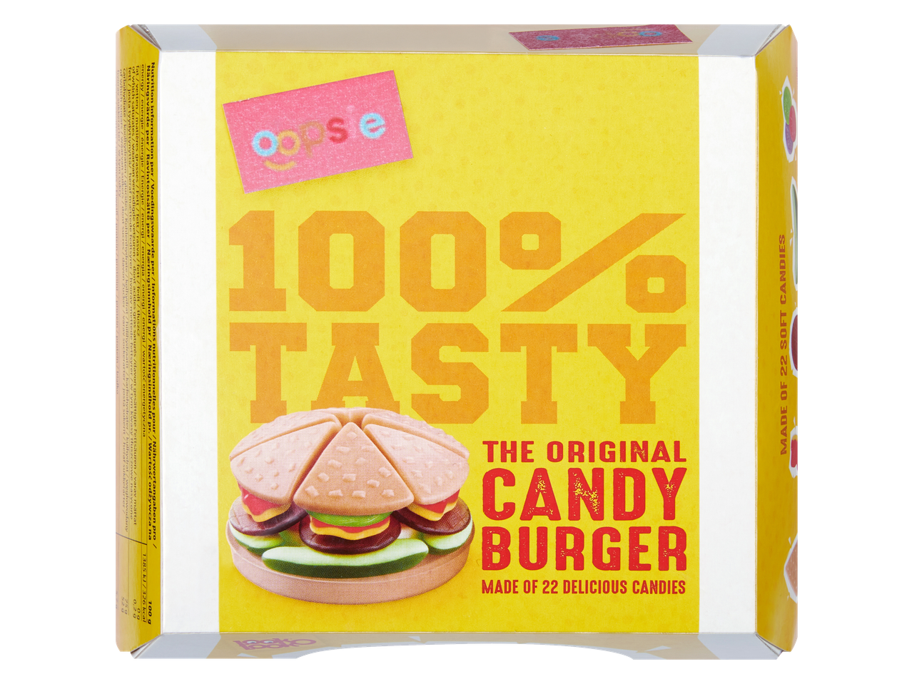 Look-O-Look Candy Burger snoepdoos met 22 zachte snoepjes.
