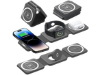 Carregador sem fios dobrável VALE 3 em 1 com telemóvel, smartwatch e auriculares.